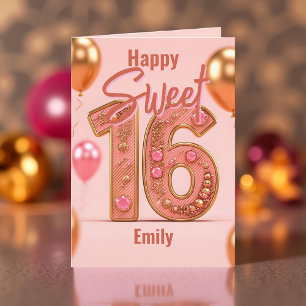 Shiny Balloons Glitter Pink and Gold Sweet 16  Card