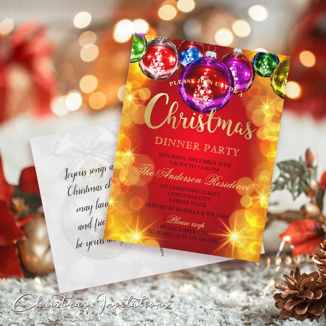 Shiny Baubles Christmas Dinner Party Invitation Postcard (Creator Uploaded)