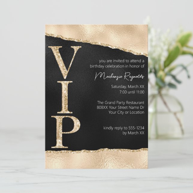 Shiny Black and Gold Glitter Glamourous VIP Party Invitation (Standing Front)