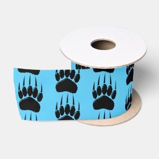 Shiny Black Bear Paw Print On Blue Satin Ribbon