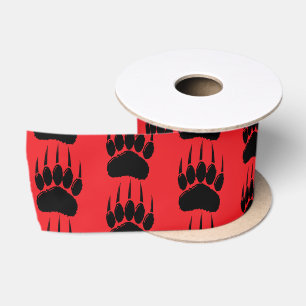 Shiny Black Bear Paw Print On Red Satin Ribbon