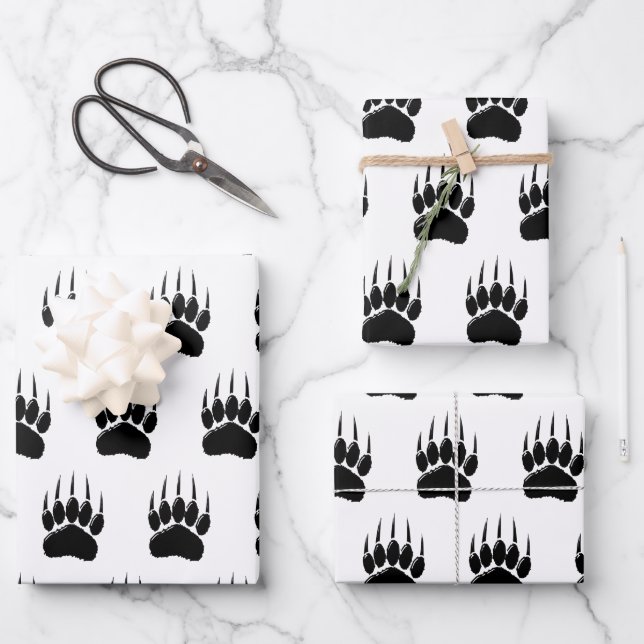 Shiny Black Bear Paw Print Wrapping Paper Sheet (Front)