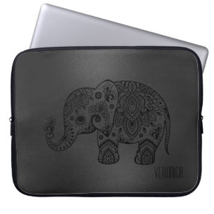 Shiny Black Moer Background Black Paisley Elephant Laptop Sleeve