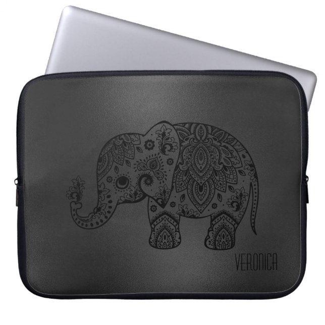 Shiny Black Moer Background Black Paisley Elephant Laptop Sleeve (Front)