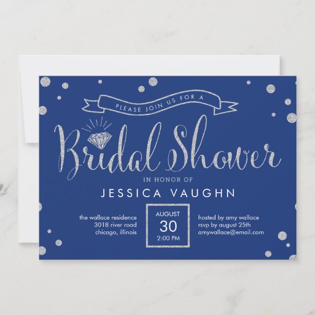 Shiny Bling Bridal Shower Invitation - Blue (Front)