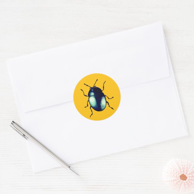 Shiny Blue Beetle Illustration Classic Round Sticker (Envelope)