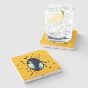 Shiny Blue Beetle Illustration Stone Coaster