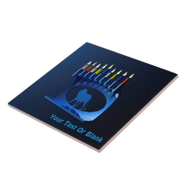 Shiny Blue Chanukkah Menorah Ceramic Tile (Side)