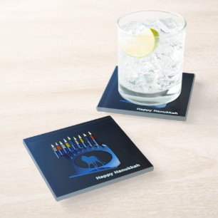 Shiny Blue Chanukkah Menorah Glass Coaster