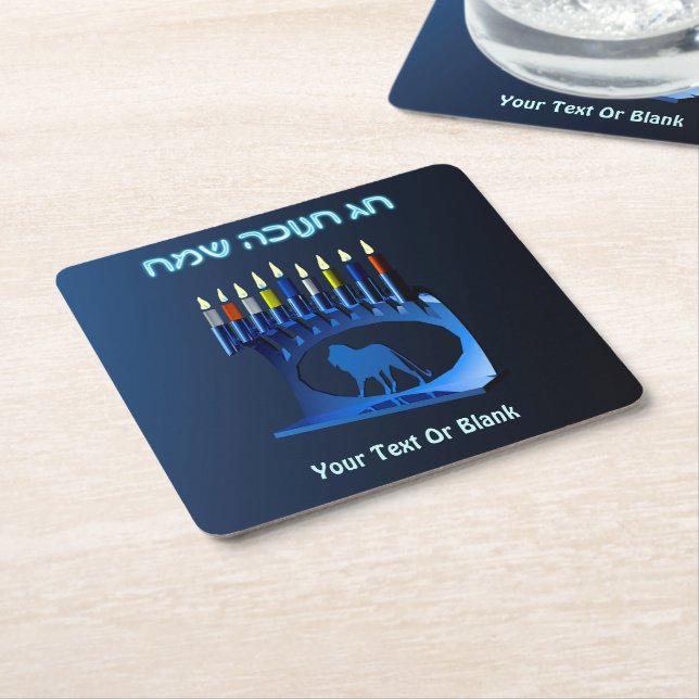 Shiny Blue Chanukkah Square Paper Coaster (Angled)