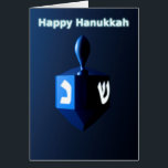 Shiny Blue Dreidel<br><div class="desc">A modernistic,  metallic,  blue dreidel against a dark,  night-like background.  Two of the Hebrew letters found on a dreidel,  nun and shin,  glow brightly.  English text reading "Happy Hanukkah" also appears in glowing blue and white.</div>