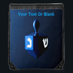 Shiny Blue Dreidel Drawstring Bag<br><div class="desc">A modernistic,  metallic blue dreidel against a dark,  night-like background.  Two of the Hebrew letters found on a dreidel,  nun and shin,  glow brightly.  Add your own text.</div>