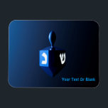 Shiny Blue Dreidel Magnet<br><div class="desc">A modernistic,  metallic blue dreidel against a dark,  night-like background.  Two of the Hebrew letters found on a dreidel,  nun and shin,  glow brightly.  Add your own text.</div>