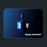 Shiny Blue Dreidel Magnet<br><div class="desc">A modernistic,  metallic blue dreidel against a dark,  night-like background.  Two of the Hebrew letters found on a dreidel,  nun and shin,  glow brightly.  Text reading "Happy Hanukkah" also appears in glowing blue and white.</div>