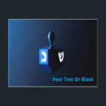 Shiny Blue Dreidel Postcard<br><div class="desc">A modernistic,  metallic blue dreidel against a dark,  night-like background.  Two of the Hebrew letters found on a dreidel,  nun and shin,  glow brightly.  Add your own text.</div>