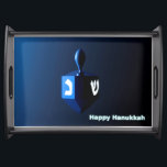 Shiny Blue Dreidel Serving Tray<br><div class="desc">A modernistic,  metallic blue dreidel against a dark,  night-like background.  Two of the Hebrew letters found on a dreidel,  nun and shin,  glow brightly.  Text reading "Happy Hanukkah" also appears in glowing blue and white.</div>