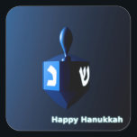 Shiny Blue Dreidel Square Sticker<br><div class="desc">A modernistic,  metallic blue dreidel against a dark,  night-like background.  Two of the Hebrew letters found on a dreidel,  nun and shin,  glow brightly.  Text reading "Happy Hanukkah" also appears in glowing blue and white.</div>