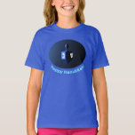 Shiny Blue Dreidel T-Shirt<br><div class="desc">A modernistic,  metallic blue dreidel against a dark,  night-like background.  Two of the Hebrew letters found on a dreidel,  nun and shin,  glow brightly. Text reading "Happy Hanukkah!" also appears in glowing blue and white.</div>