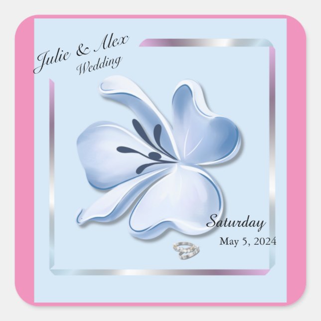 Shiny Blue Flower Wedding Wine Bottle Labels (Front)