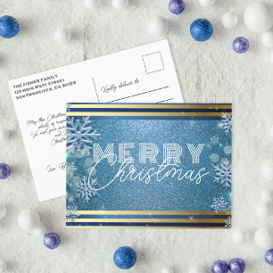 Shiny Blue Glitter Silver Snowflake Christmas Holiday Postcard