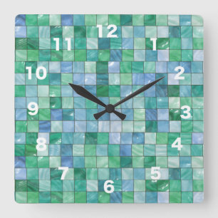 Shiny Blue Green Faux Glass Block Tile Mosaic Square Wall Clock