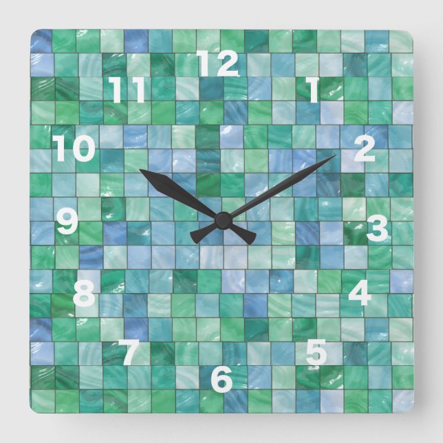 Shiny Blue Green Faux Glass Block Tile Mosaic Square Wall Clock (Front)