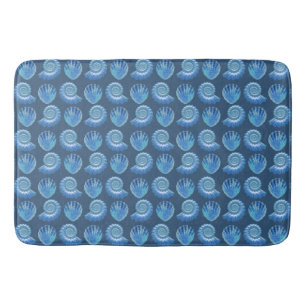 Shiny Blue Ornate Sea Shells Pattern Bath Mat
