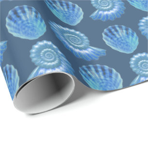 Shiny Blue Ornate Sea Shells Pattern Wrapping Paper