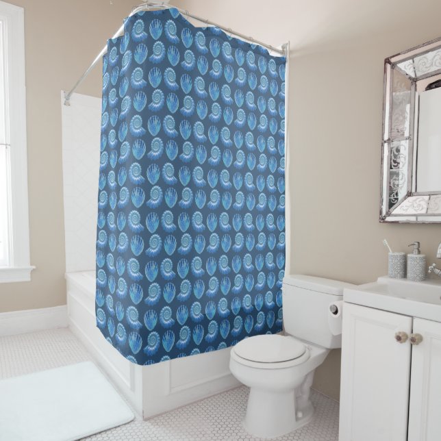 Shiny Blue Ornate Sea Shells Shower Curtain (In Situ)