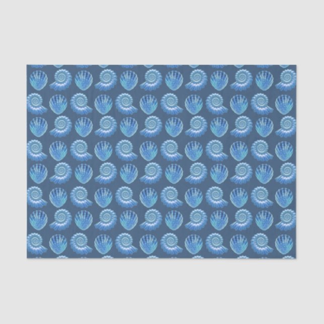 Shiny Blue Ornate Sea Shells Tissue Paper (Front)
