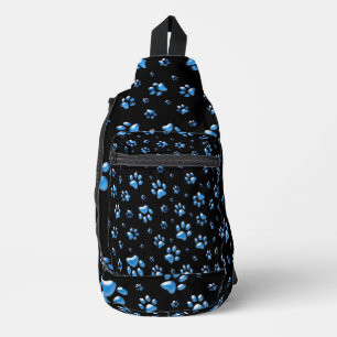 Shiny Blue Paws on black Background Print Pattern Sling Bag