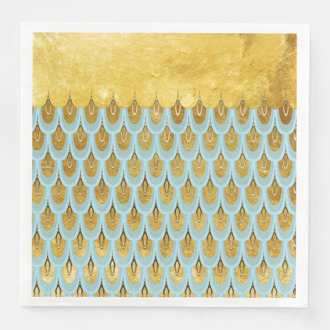 Shiny Blue Teal Glitter Mermaid Fish Scales Napkin (Front)