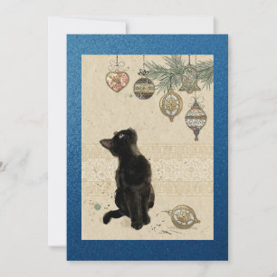 Shiny Blue Vintage Black Cat Looking At Ornaments Holiday Card