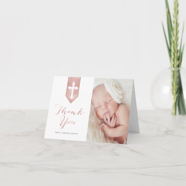 Shiny Blush Script Baptism Folded Thank You Photo Card (Front)