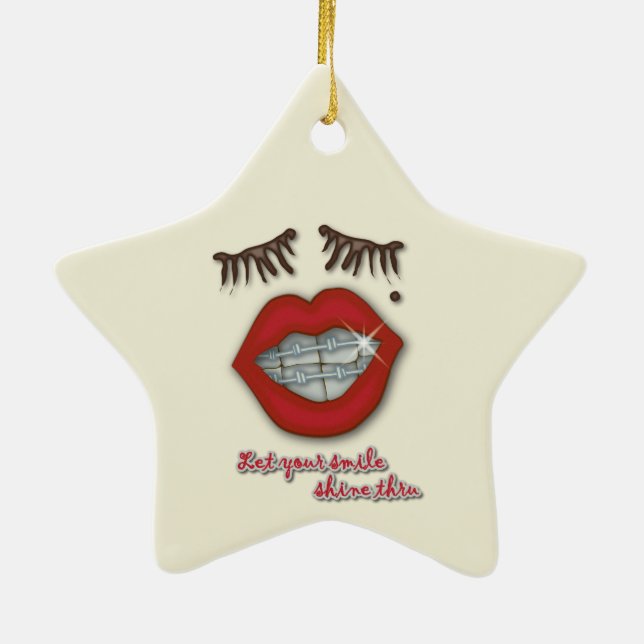 Shiny Braces, Red Lips, Mole, and Thick Eyelashes Ceramic Ornament (Back)