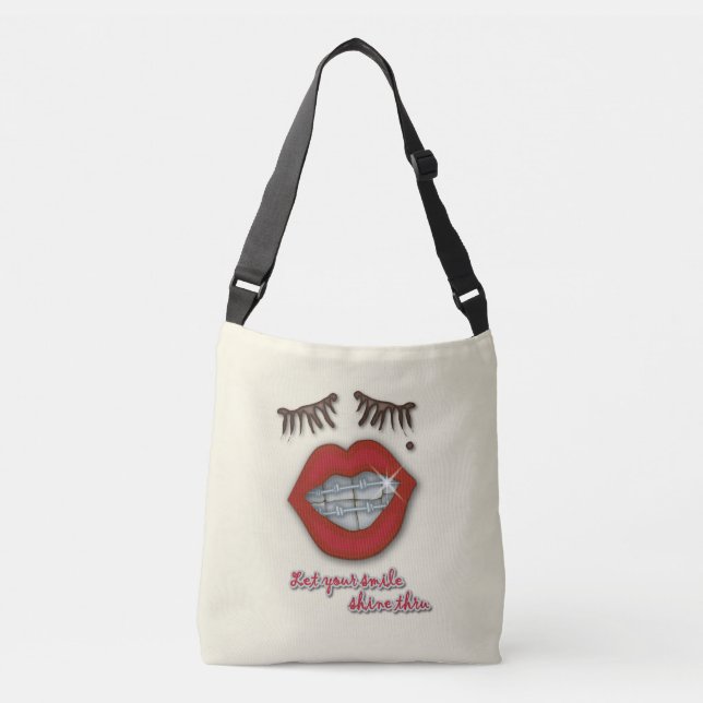 Shiny Braces, Red Lips, Mole, and Thick Eyelashes Crossbody Bag (Front)
