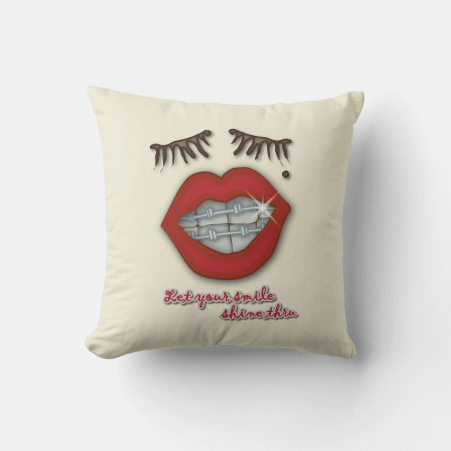 Shiny Braces, Red Lips, Mole, and Thick Eyelashes Cushion (Front)
