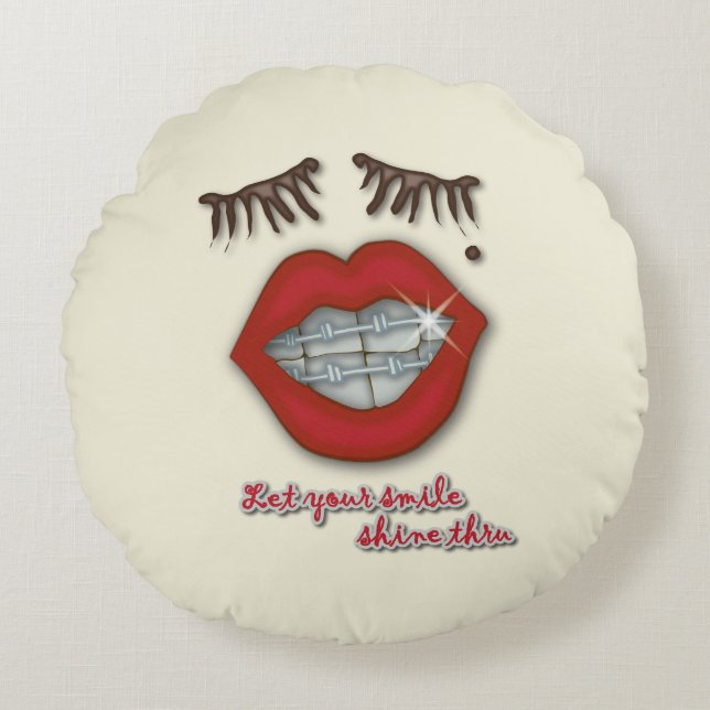 Shiny Braces, Red Lips, Mole, and Thick Eyelashes Round Cushion (Front)