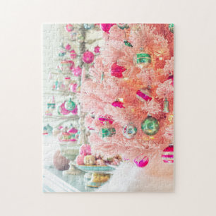Shiny Brites on Pink Christmas Tree Jigsaw Puzzle