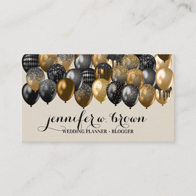 Shiny Bronze Black Balloons on Beige Backgrounds Business Card (Front)