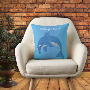 Shiny Cartoon Blue White Jumping Dolphin on Blue Cushion
