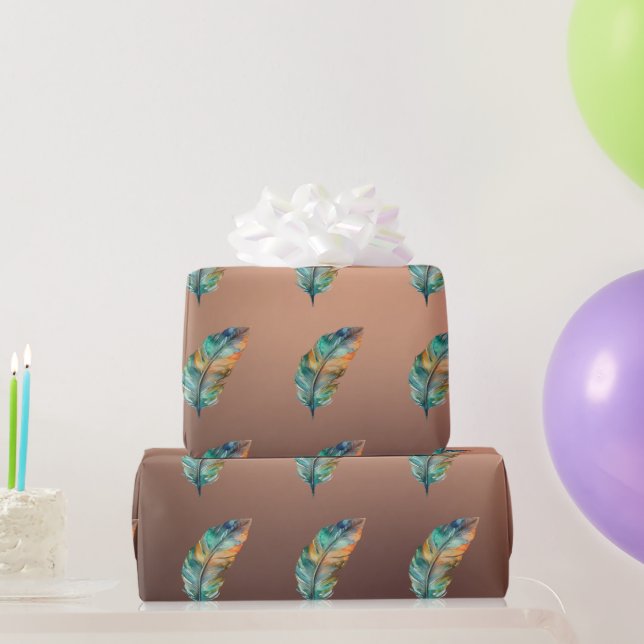 Shiny Copper Coloured Paper Orange Green Feathers (Party Gifts)