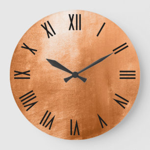 Shiny Copper Faux Foil Black Roman Numerals Large Clock