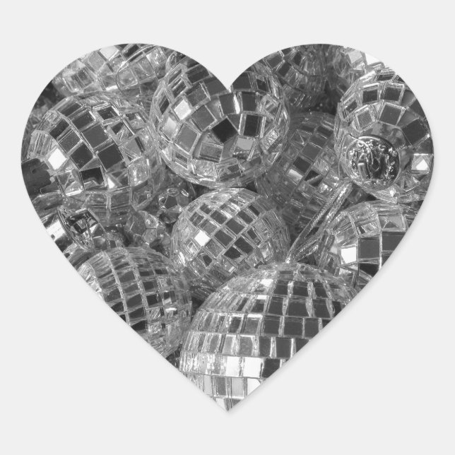 Shiny Disco Ball Ornaments Black and White Photo Heart Sticker (Front)