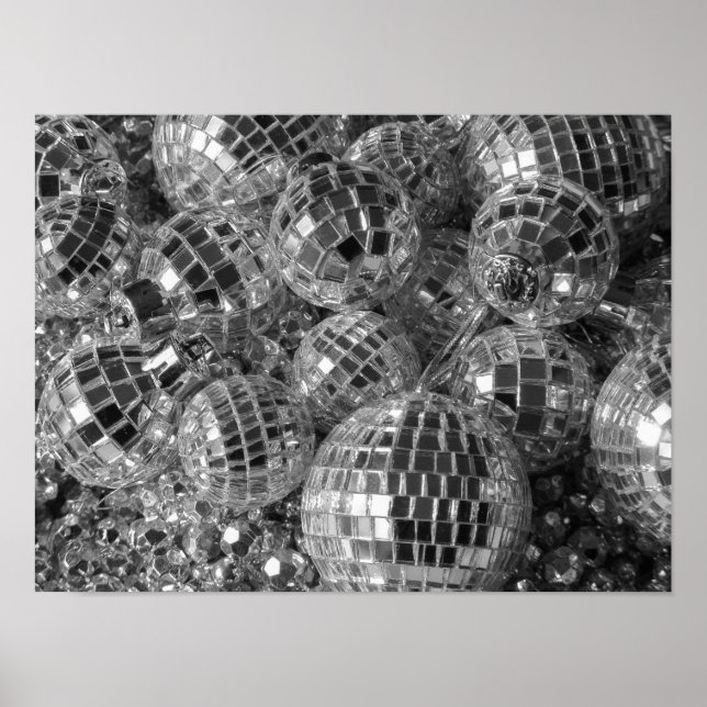 Shiny Disco Ball Ornaments Black and White Photo Poster (Front)