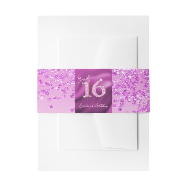 Shiny Falling Pink Glitter Sweet 16 Invitation Belly Band (Front Example)