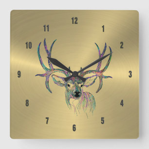 Shiny Faux Gold& Colourful Deer Illustration Square Wall Clock