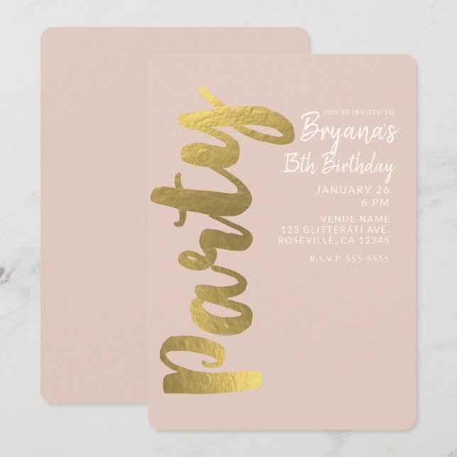 Shiny Faux Gold Foil Beige ANY AGE Birthday Party Invitation (Front/Back)