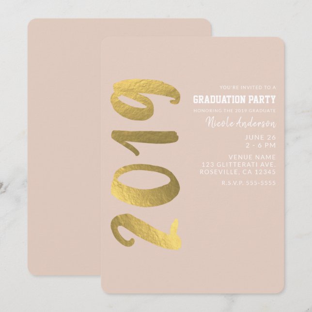 Shiny Faux Gold Foil Beige Glam 2019 Graduation Invitation (Front/Back)