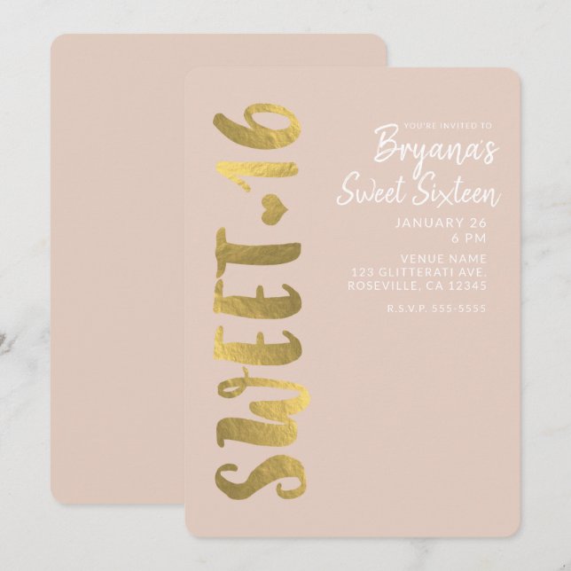 Shiny Faux Gold Foil Beige Sweet 16 Sixteen Party Invitation (Front/Back)